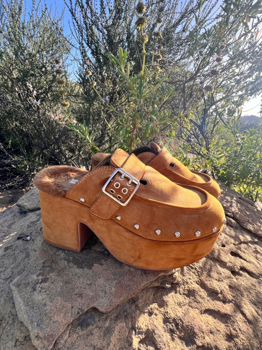 Free People Tan Suede Platform Clog/Mules